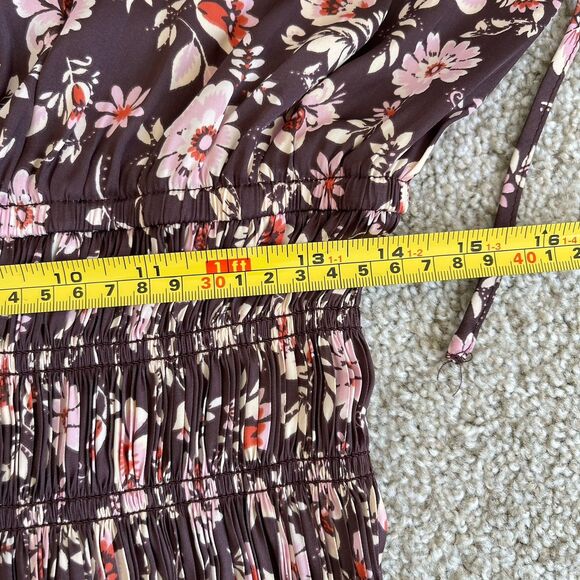 Current Air Long Sleeve Satin Pleated Boho Dress Brown Floral M Cottage Chic - Picture 12 of 14